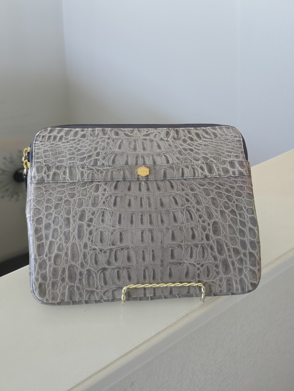 Lodis Gray Croc-Embossed Leather Ipad/ Tablet Sleeve with Gold Accent.